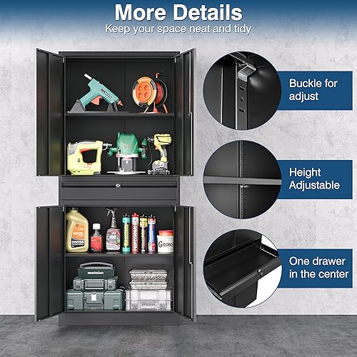 Metal Garage Storage Cabinet with Lock, Tool Cabnets with 1 Drawer - color: Black, size: 71"H x 32"W x 16"D-W