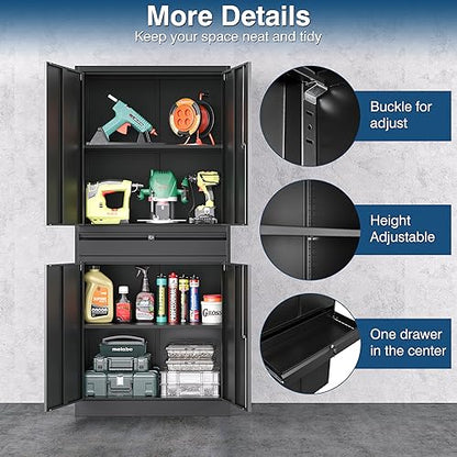 Metal Garage Storage Cabinet with Lock, Tool Cabnets with 1 Drawer - color: Black, size: 71"H x 32"W x 16"D-W