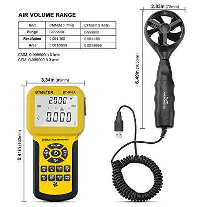 BTMETER Por CFM Anemometer Wind Gauge with 600Set Data Storage Export to PC - color: BT-846A w/o Computer Software