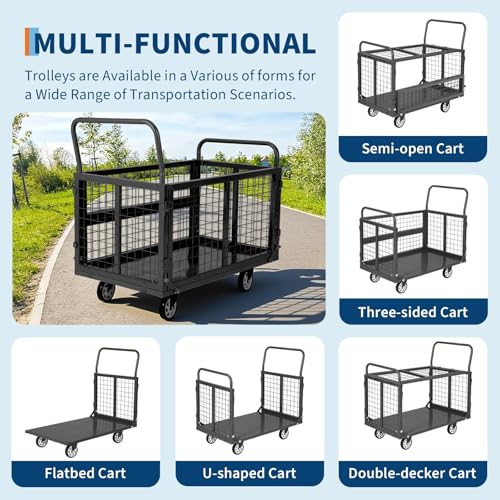 Heavy Duty Platform Truck Cart with Cage, 39" x 24" Hand Moving Cart 2000 Lbs Capacity, Multi-Functional Folding Cage Cart with Basket for Warehouse, Luggage Moving, Black - color: Black