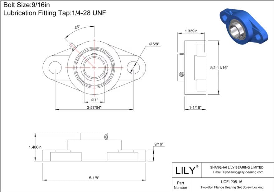1 Pcs UCFL205-16 Pillow Block Bearing, 1" Bore, 2-Bolt Flanged Mounted Bearings Set Screw Locking, Solid Cast Iron Base Self Alignment - size: UCFL205-16 1" Bore
