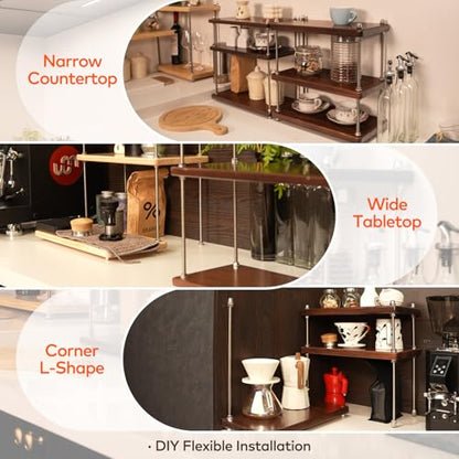 Solid Wood Coffee Bar Shelf/Rack for Countertop, 3 Tier, Walnut - color: Walnut Finish, size: 24MM Thick