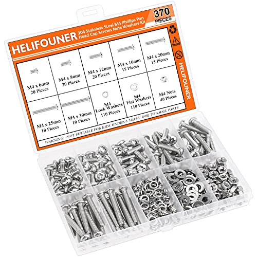 HELIFOUNER 370 Pieces M4 x 6mm /8mm /12mm /16mm /20mm/25mm /30mm, Phillips Pan Head Machine Screws, Metric Screws Bolts Washers Nuts Kit, 304 Stainless Steel - size: M4, style: Phillips Pan Head Machine Screws