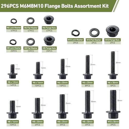 Metric Flange Bolt Assortment,296Pcs M6x1.0,M8x1.25 M10x1.5,Hex Bolts and Nuts Washers Kit,10.9 Alloy Steel Black Zinc Plated(12mm to 30mm) - size: Black M6/8/10 296PCS Flanged Bolt