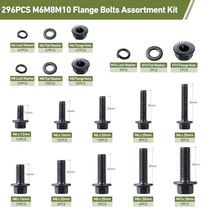 Metric Flange Bolt Assortment,296Pcs M6x1.0,M8x1.25 M10x1.5,Hex Bolts and Nuts Washers Kit,10.9 Alloy Steel Black Zinc Plated(12mm to 30mm) - size: Black M6/8/10 296PCS Flanged Bolt