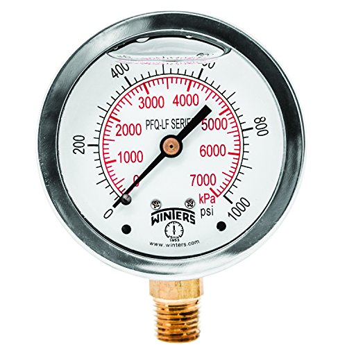 Winters 2-1/2" Dial Size, Liquid Filled Pressure Gauge, Potable Brass Internals, 304 Stainless Steel Case, Dual Scale 0-1,000 psi/kPa, 1.5% Acc, 1/4" NPT Bottom Mount, Drinking Water Pressure Gauge - style: 0/1,000 PSI/kPa