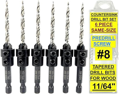 FTG USA 6 Pc #8 (11/64") Countersink Drill Bit Set with Tapered Drill Bits - size: #8, style: Same Sort 6 Pc