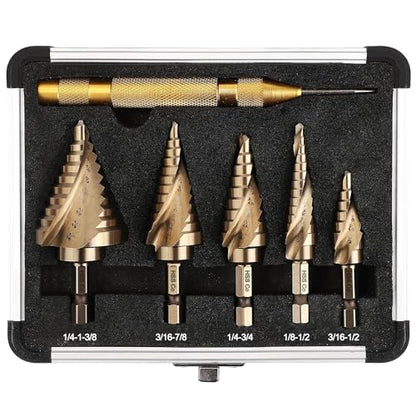 6PC Cobalt Step Drill Bit Set, Hex Shank Step Drill with Two Spiral Flutes and Automatic Center Punch for Metal, Stainless Steel, Aluminum, Wood, and Plastic with Aluminum Case, 50 Sizes - style: M35-6PC