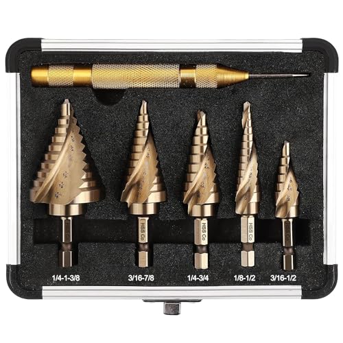 6PC Cobalt Step Drill Bit Set, Hex Shank Step Drill with Two Spiral Flutes and Automatic Center Punch for Metal, Stainless Steel, Aluminum, Wood, and Plastic with Aluminum Case, 50 Sizes - style: M35-6PC