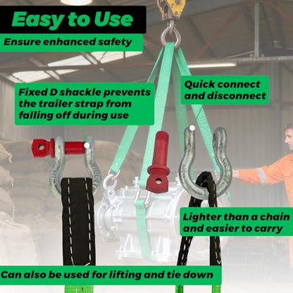 HENBOW Heavy Duty Flat Lift Sling with D Ring Shackle,8'X2 Lift Sling Straps 4400 lbs Safety Load，Web Sling for Hoist Car Tree Saver Winch Recovery - size: 2 Inch × 8 FT