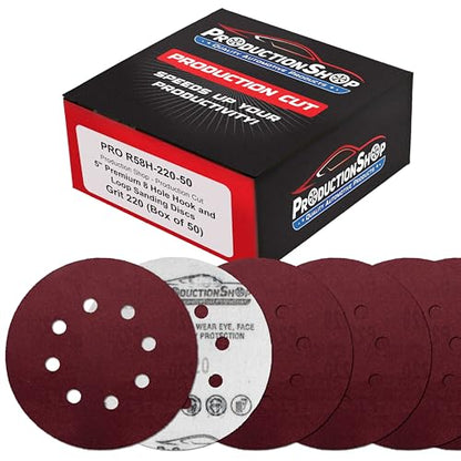 ProductionShop Premium 5" Red 8-Hole Pattern 220 Grit Sanding Discs, Box of 50 - Dustless Hook & Loop Backing Sandpaper for Random Orbital Sanders, Fine-Cut Abrasive - Woodworking, Sand Auto Paint - style: 220 Grit