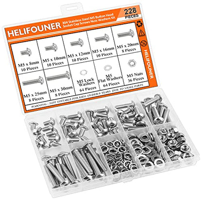 HELIFOUNER 228 Pieces M5 x 8mm /10mm /12mm /16mm /20mm /25mm /30mm, Button Head Socket Cap Screws Bolts Washers Nuts Kit, 304 Stainless Steel - size: M5, style: Button Head Screws