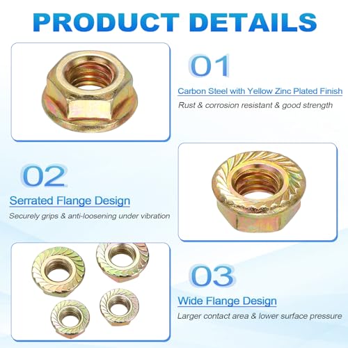 50Pcs Serrated Flange Hex Nuts M6-1-Coarse Yellow Zinc Plated - color: Yellow, size: M6-1