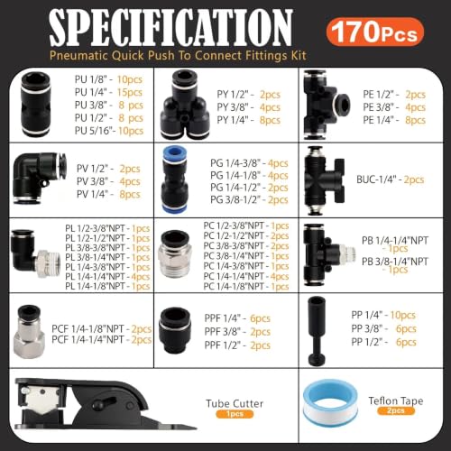 170Pcs Push to Connect Fittings Kit,1/4"5/16"1/2"3/8"1/8"OD Air Fittings - color: 170Pcs-black