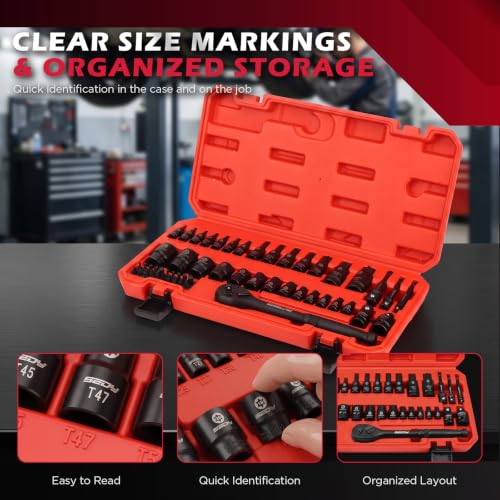 54-Piece Master Torx Bit Socket Set, T8-T70 Star Bits and E4-E24 E-Torx Sockets, Ratchet Wrench, 1/4" Bit Holder, S2 Steel Bits, CR-V Sockets, Extension Bars and Adapters for Auto Repair - style: 54-Piece Master Torx Socket Set（New Version）