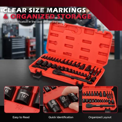 54-Piece Master Torx Bit Socket Set, T8-T70 Star Bits and E4-E24 E-Torx Sockets, Ratchet Wrench, 1/4" Bit Holder, S2 Steel Bits, CR-V Sockets, Extension Bars and Adapters for Auto Repair - style: 54-Piece Master Torx Socket Set（New Version）