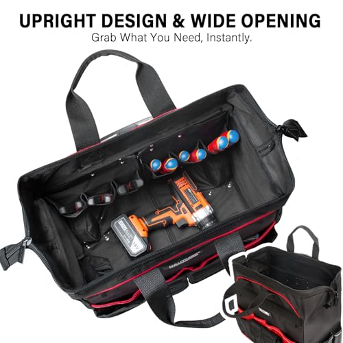 HAUTMEC 18" Rolling Tool Bag with Wheels, Heavy-Duty Water-Resistant Tool Bag Organizer with 23-Pocket, Wide-Mouth Design, Oversized Wheels & Telescoping Handle - HTTBM25004 - color: 18-Inch | Red