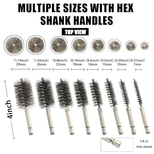 MAXMAN Bore Brush Set, 8PCS Wire Brush for Drill, 1/4" Hex Multi-Diameter