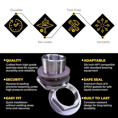 MiniBrew 3/4” NPT EZ Seal Weldless Bulkhead with EPDM Gaskets for Homebrewing (Pack of 6) - size: 3/4"-EPDM, style: Pack of 6