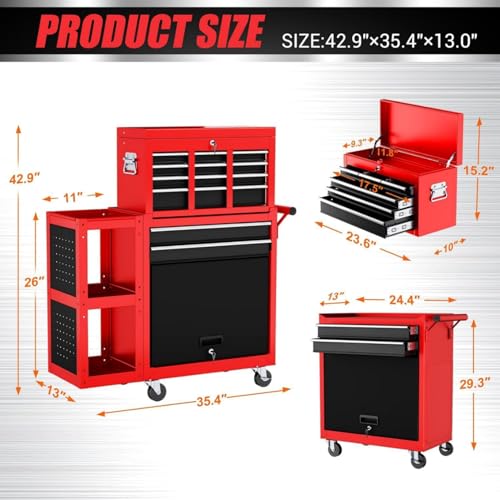 Heavy Duty 8 Drawer Rolling Tool Chest, 3-in-1 Modular Tool Box Set with Detachable 4-Tire Utility Cart, Lockable Workshop Tool Cabinet with Protective Liner for Industrial Warehouse, Red - color: Dark Red, size: 8-Drawers