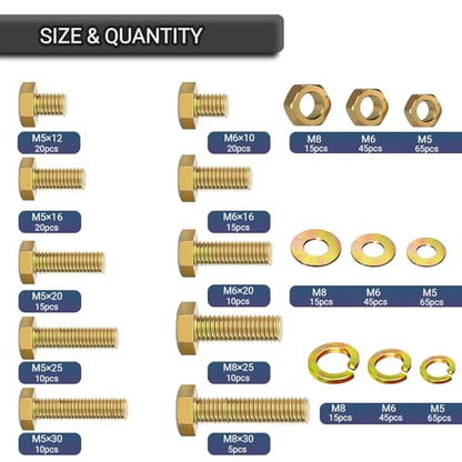 540 pcs Metric Bolt and Nut Set - M5/M6/M8 Class 8.8 Heavy Duty Hexagon Bolts and Nuts Assortment Kit with Yellow Zinc Plated Coating - size: M5/M6/M8