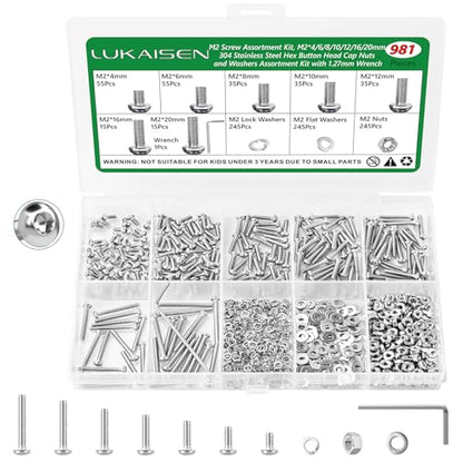 981 Pcs M2 Hex Button Cap Screws Nuts Washers Wrench Kit, 304 SS - size: SS M2 981pcs 2