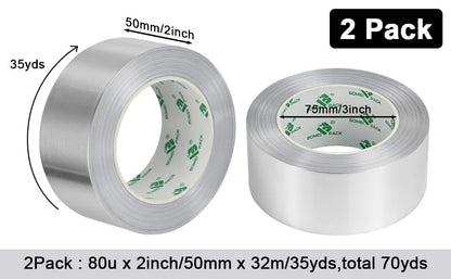 BOMEI PACK 2 Inch x 35 Yard Heavy Duty Aluminum Foil Tape, 2 Pack High Temperature Silver Duct Tape, Self-Adhesive Metal Tape, Perfect for Sealing & Patching,HVAC,Insulation and Metal Repair - size: 50mm