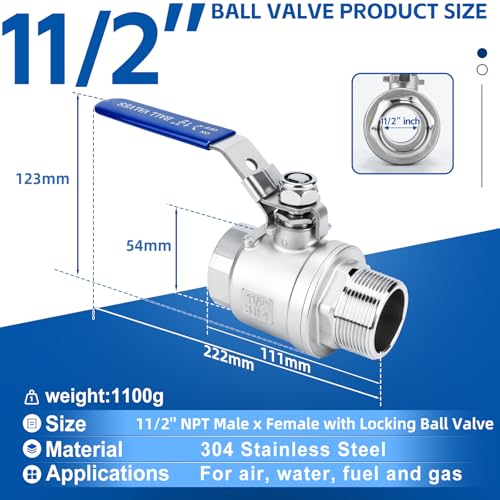 2 Pack 1.5" Full Port Ball Valve NPT Male x Female 304 Stainless Steel Heavy Duty 1000 WOG Shut Off Valve with Locking Device (1-1/2 Inch) - size: 1-1/2 Inch