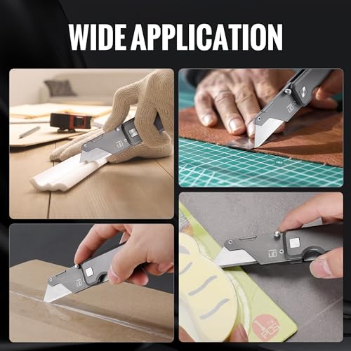 WORKPRO Premium Titanium Utility Knife, CNC Unibody, Lightweight Aluminium Handle Folding Box Cutter, Quick Change Blade Razor Knife,Ideal Gifts for Men Women, with 10 Extra Blades - color: Gray