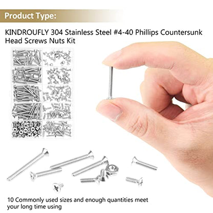 242 Pieces #4-40x 3/16", 1/4", 5/16", 3/8", 1/2", 5/8", 3/4", 7/8", 1", Phillips Countersunk Head Machine Screws Nuts Assortment Kit, 304 Stainless Steel, Fully Machine Thread - size: #4-40