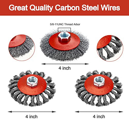 AUPREX 4 1/2" Angle Grinder Wire Wheel Set - 4 Inch & 3 Inch Knotted Coarse Crimped Wheels, Cup Brush with 5/8-11UNC Threaded Arbor