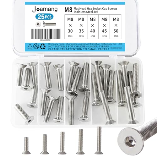 M8 x 30mm 35mm 40mm 45mm 50mm Flat Head Hex Socket Cap Screws Countersunk Bolts, Stainless Steel 304, Metric Allen Drive, Bright Finish, Fully Threaded, Assortment Kit 25PCS - size: M8 x 30/35/40/45/50 mm