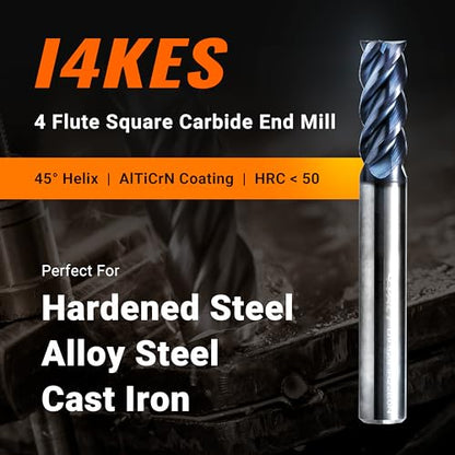 ACCUCUT I4KES 1/8” Carbide Square End Mill- 4 Flute Milling Bit Set for Steel, Forge Hardened Steel, Copper, Alloys & Materials < HRC 50 - AlTiCrN Coating CNC Router Bit, 45 Degree Helix (5 pcs) - size: 1/8 in