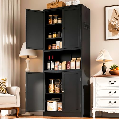AQY Metal Pantry Cabinet, 72" Black Kitchen Storage Cabinet with Doors - color: Black, style: H72" - 4 Doors Wire Hole Hooks & Vents