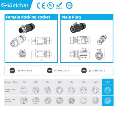 LP20 14PIN Industrial Waterproof Connector IP68 Quickly Plugging Aviation Connector Solder-Assembly M22 14PIN Circular Connector Fast Release Electrical Connector Female Plug&Male Socket - size: 14 Pin, style: Female Plug / Male Socket
