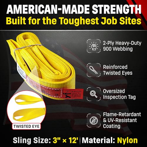 DD Sling 3" × 12' Nylon Lifting Sling – USA Made, 8,900 lb Vertical, 7,200 lb Choker, 17,800 lb Basket – 2-Ply Heavy Duty 900 Webbing, Type 4 Twisted Eye & Eye Rigging Sling - size: 3 in x 12 ft