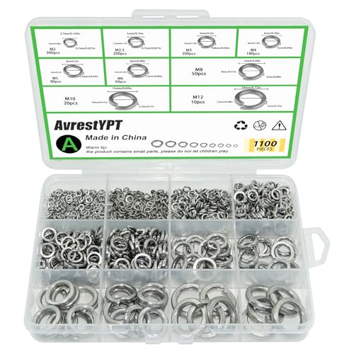 1100 Pcs Spring Lock Washers Assortment Kit, Metric M2 M2.5 M3 M4 M5 M6 M8 M10 M12 Split Spring Lock Washer Assortment Set, 304 Stainless Steel Washers for Screws & Bolts - color: Silver Size:1100Pcs