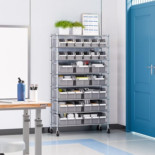 8-Tier NSF 24-Bin Steel Wire Shelving Rack, 36"W x 14.25"D x 63.5"H, Gray - color: Gray, size: 8-Tier Includes 24 Bins