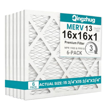 16x16x1 MERV 13 (6-Pack) Pleated Air Filter (Actual Size: 15.75"x15.75"x0.75") MPR 1900 & FPR 10, Furnace Air Filters,16x16x1 air filter - size: 16x16x1 6-Pack