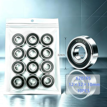 10 PCS 6201-2RS Deep-Groove Ball Bearings, 12x32x10mm-Double Seal Bearings - size: 6201-2RS