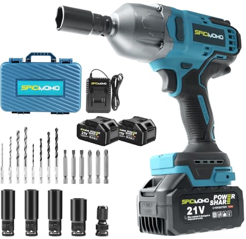 SPICIMOMO 1/2 inch Cordless Impact Wrench - 1200N.m High Torque Heavy Duty Impact Gun with 2x 4.0Ah Batteries, 21V Powerful Impact Driver/Drill for Tough Auto Repair and Construction Tasks