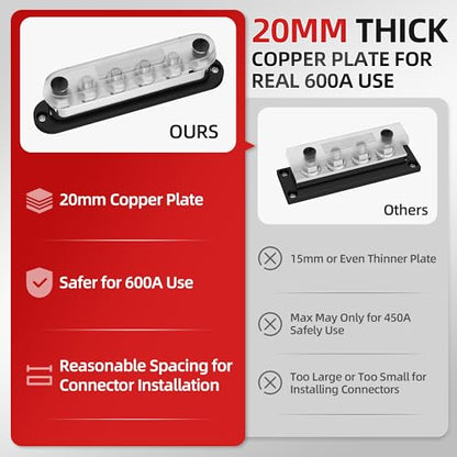 DAIERTEK 600A Power Distribution Block 12V Bus Bar Terminal Block 6 x 3/8" Terminal Studs 12 Volt Marine Bus Bar with Cover Positive & Negative for Automotive Car Boat Solar System - color: BB600-T6M10-C-RB