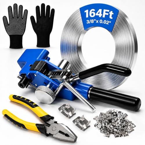 164ft Stainless Steel Banding Kit 304 Steel Strapping Kit 3/8" with Ratchet Tensioner Cutter Crimper Pliers with 100 Buckles for Pipe Pole Pallet Tensioning Packing Bundling