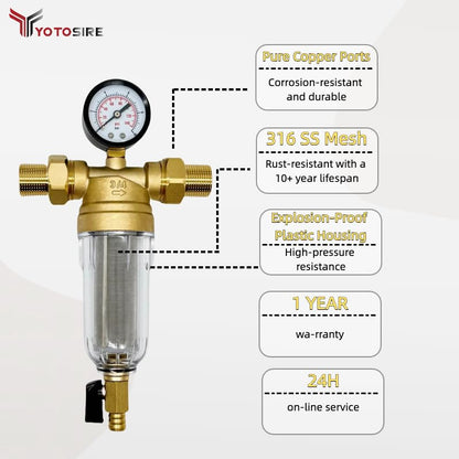 Spin Down Sediment Water Filter System with Pressure Gauge, 50&100 Micron Stainless Steel filter Mesh Pre-Filter for City/Well Water, 1" MNPT & 3/4" FNPT/MNPT Ports, Easy Backwash Cleaning