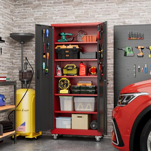 Aobabo Metal Garage Storage Cabinet with Wheels, 34" W x 18" D x 71" H,Red - color: Black Red, size: 18"D x 34"W x 71"H