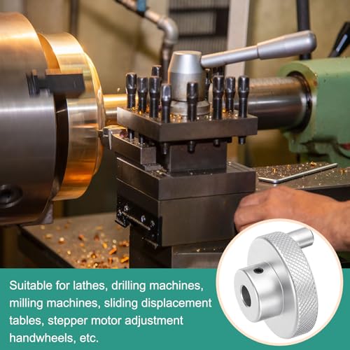 HARFINGTON Aluminum Alloy Handwheel 50mm OD 10mm Bore Lathe Hand Wheel with Rotate Handle Aluminum Milling Machine Handle with Wrench and 2pcs Screws for Milling Machine Lathe, Silver Tone - size: 50mm x 10mm