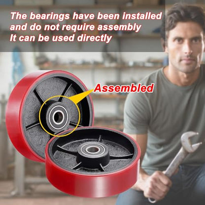 Pallet Jack/Truck Steering Wheels Set with Axle, Fasteners and Protective Caps (2 pcs) 7" x 2" with Bearings ID 20mm Poly Tread With Tools （Red） - size: 7" x 2" & tool