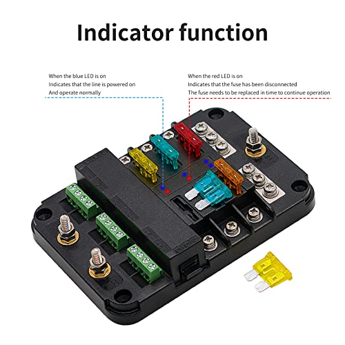 BlueFire 12V Fuse Block, Upgraded 6 Circuit Fuse Box with Acc Interface,Fuse Holder with LED Light Indication & Protection Cover for Car Boat Marine Truck Vehicle SUV Yacht RV(6 Way- A) - color: 6 Way- A