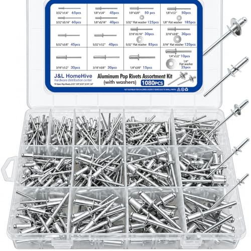 J&L HomeHive 1080 Pcs Silver Aluminum Pop Rivets Assortment Kit with Washers, 14 Sizes Rivets for Metal, 3/32", 1/8", 5/32", 3/16", 1/4", 5 Sizes 304 Stainless Steel Washers - color: Silver, size: 1080Pcs 3/32" 1/8" 5/32" 3/16" 1/4"
