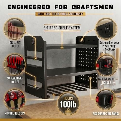BUILTSTRONG Power Tool Organizer Wall Mount – 3-Tier Heavy-Duty Steel Rack, 4 Drill Slots, Pegboard + Utility Side, 100 lb Capacity – Garage, Workshop & Shed Storage (Black) - color: Black, size: 4 Drill Holder